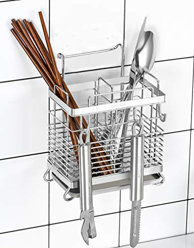 Sturdy 304 Stainless Steel Utensil Drying Rack, Basket Holder with Hooks 2 Compartments Draining Basket, Rust Proof, No Drilling,Kitchen Dish Drainer Dish Drying Rack