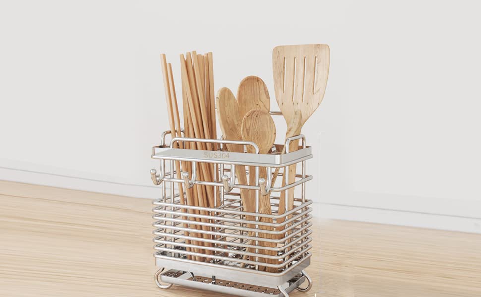 Sturdy 304 Stainless Steel Utensil Drying Rack, Basket Holder with Hooks 2 Compartments Draining Basket, Rust Proof, No Drilling,Kitchen Dish Drainer Dish Drying Rack