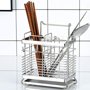 Sturdy 304 Stainless Steel Utensil Drying Rack, Basket Holder with Hooks 2 Compartments Draining Basket, Rust Proof, No Drilling,Kitchen Dish Drainer Dish Drying Rack