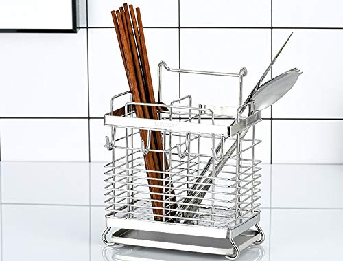 Sturdy 304 Stainless Steel Utensil Drying Rack, Basket Holder with Hooks 2 Compartments Draining Basket, Rust Proof, No Drilling,Kitchen Dish Drainer Dish Drying Rack