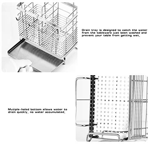 Sturdy 304 Stainless Steel Utensil Drying Rack, Basket Holder with Hooks 2 Compartments Draining Basket, Rust Proof, No Drilling,Kitchen Dish Drainer Dish Drying Rack