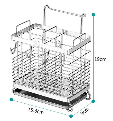 Sturdy 304 Stainless Steel Utensil Drying Rack, Basket Holder with Hooks 2 Compartments Draining Basket, Rust Proof, No Drilling,Kitchen Dish Drainer Dish Drying Rack