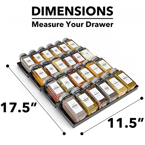 SpaceAid Spice Drawer Organizer with 24 Spice Jars, 378 White Minimalist Spice Labels, 4 Tier Seasoning Rack Tray Insert for Kitchen Drawers, 11.25" Wide x 17.5" Deep