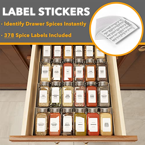 SpaceAid Spice Drawer Organizer with 24 Spice Jars, 378 White Minimalist Spice Labels, 4 Tier Seasoning Rack Tray Insert for Kitchen Drawers, 11.25" Wide x 17.5" Deep