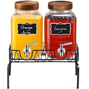 1-Gallon Glass Drink Dispenser with Stand, 18/8 Stainless Steel Spigot, Designed Wooden Lid - [2 Pack] Glass Beverage Dispensers for Parties - Mason Jar Drink Dispensers with Lids, Wooden Chalkboards