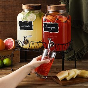 1-Gallon Glass Drink Dispenser with Stand, 18/8 Stainless Steel Spigot, Designed Wooden Lid - [2 Pack] Glass Beverage Dispensers for Parties - Mason Jar Drink Dispensers with Lids, Wooden Chalkboards