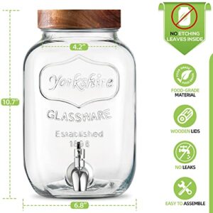 1-Gallon Glass Drink Dispenser with Stand, 18/8 Stainless Steel Spigot, Designed Wooden Lid - [2 Pack] Glass Beverage Dispensers for Parties - Mason Jar Drink Dispensers with Lids, Wooden Chalkboards