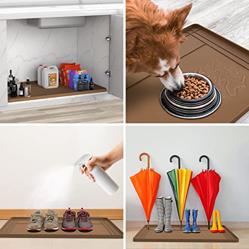 Under Sink Mat for Kitchen Waterproof, 34" x 22" Silicone Thicken Trimmable Cabinet Mat, Under Sink Drip Tray for Kitchen Bathroom Cabinets, , Adjustable Size, Hold up to 3.3 Gallons Liquid (Brown)