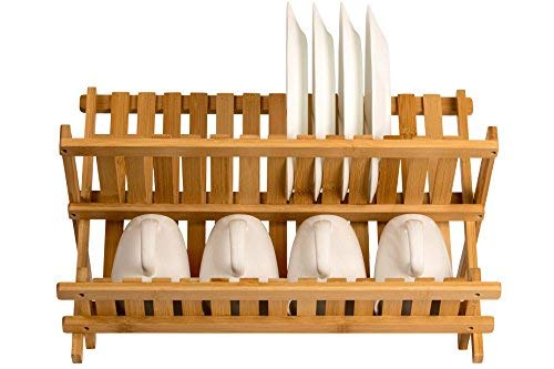 Sagler Wooden Dish Rack Plate Rack Collapsible Compact Dish Drying Rack Bamboo Dish Drainer