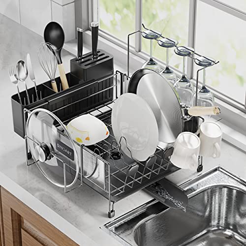 SINOART Kitchen Dish Drying Rack with Swivel Spout, Prevents Placement Scratches Stainless Steel Frame,Can Store Large Plates and Small Dishes, Large Knives and Small Knives, 2023 Model