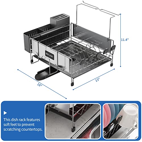 SINOART Kitchen Dish Drying Rack with Swivel Spout, Prevents Placement Scratches Stainless Steel Frame,Can Store Large Plates and Small Dishes, Large Knives and Small Knives, 2023 Model