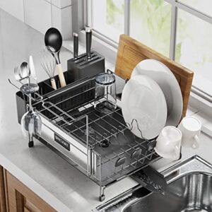 SINOART Kitchen Dish Drying Rack with Swivel Spout, Prevents Placement Scratches Stainless Steel Frame,Can Store Large Plates and Small Dishes, Large Knives and Small Knives, 2023 Model