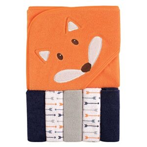 luvable friends unisex baby hooded towel with five washcloths, boy fox, one size