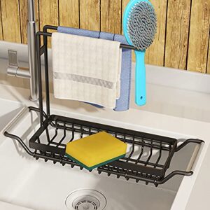 Aouton Sponge Holder for Kitchen Sink, Expandable (16.7"-21.3") Sink Caddy Sink Organizers, Stainless Steel 4-in-1 Dish Sponges Brush Soap Holder with Dishcloth Towel Drying Rack