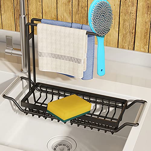 Aouton Sponge Holder for Kitchen Sink, Expandable (16.7"-21.3") Sink Caddy Sink Organizers, Stainless Steel 4-in-1 Dish Sponges Brush Soap Holder with Dishcloth Towel Drying Rack