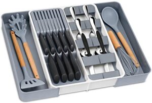 kitchen drawer organizer, silverware organizer w/ knife block, expandable utensil organizer and cutlery tray for drawers, large silverware tray for kitchen utensils flatware knives storage & organize
