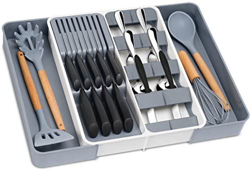 Kitchen Drawer Organizer, Silverware Organizer w/ Knife Block, Expandable Utensil Organizer and Cutlery Tray for Drawers, Large Silverware Tray for Kitchen Utensils Flatware Knives Storage & Organize