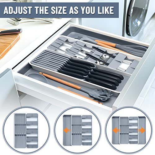 Kitchen Drawer Organizer, Silverware Organizer w/ Knife Block, Expandable Utensil Organizer and Cutlery Tray for Drawers, Large Silverware Tray for Kitchen Utensils Flatware Knives Storage & Organize