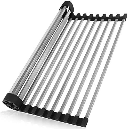 KIBEE Dish Drying Rack,Square Rods Stainless Steel Roll Up Over The Sink Drainer,Gadget Tool for Many Kitchen Task (17.35 x 15.15 Black)