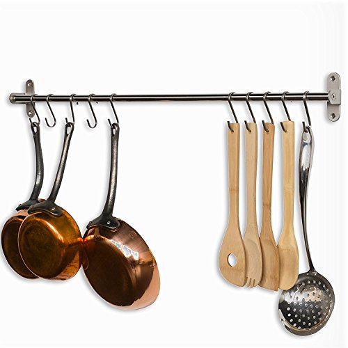 Premium Chefmate Stainless Steel Gourmet Kitchen 31.5 Inch Wall Mount Rail and 10 S Hooks Set Utensil Pot Pan Lid Rack Storage Organizer , Silver