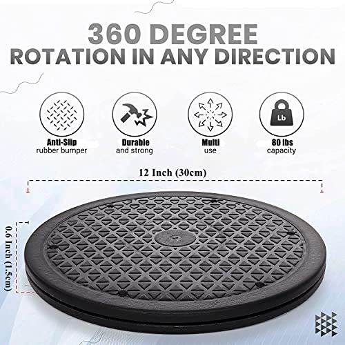 Pack of 3, 12 Inch Lazy Susan Turntable Organizer, Non Skid Heavy Duty Rotating Swivel Steel Ball Bearings, Holds up to 80 lbs, Black Plastic Turn Table - Used for Cabinets, Monitor, TV, etc