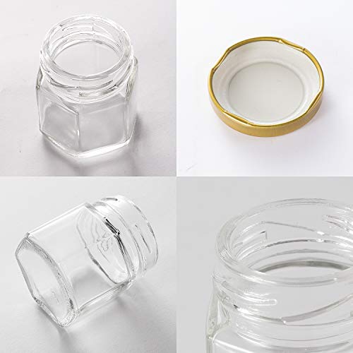 Encheng 1.5 oz Clear Hexagon Jars,Small Glass Jars With Lids(golden),Mason Jars For Herbs,Foods,Jams,Liquid,Mini Spice Jars For Storage 30 Pack …