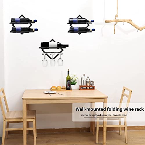 2 Style Metal Wall Mounted Wine Holder, Upgrade Foldable Hanging Wall Wine Rack Organizer for 2 Liquor Bottles, Red Wine Bottle Display Hanger with Screws for Home Kitchen Bar Wall Décor