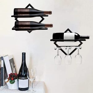 2 Style Metal Wall Mounted Wine Holder, Upgrade Foldable Hanging Wall Wine Rack Organizer for 2 Liquor Bottles, Red Wine Bottle Display Hanger with Screws for Home Kitchen Bar Wall Décor