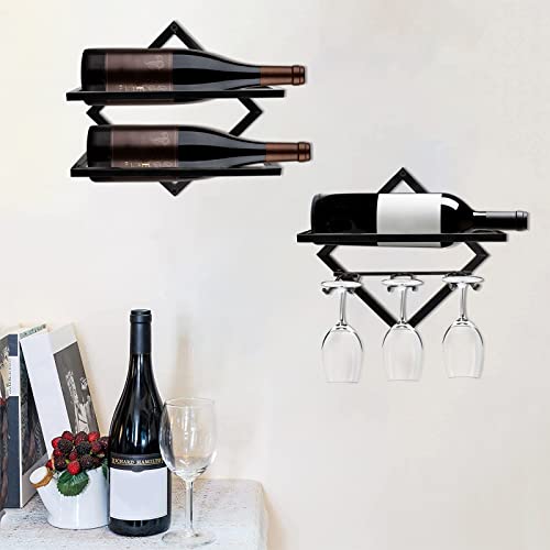 2 Style Metal Wall Mounted Wine Holder, Upgrade Foldable Hanging Wall Wine Rack Organizer for 2 Liquor Bottles, Red Wine Bottle Display Hanger with Screws for Home Kitchen Bar Wall Décor
