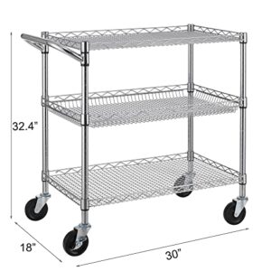 Finnhomy 3 Tier Heavy Duty Commercial Grade Utility Cart, Wire Rolling Cart with Handle Bar, Steel Service Cart with Wheels, Utility Shelf Plant Display Shelf Food Storage Trolley, NSF Listed