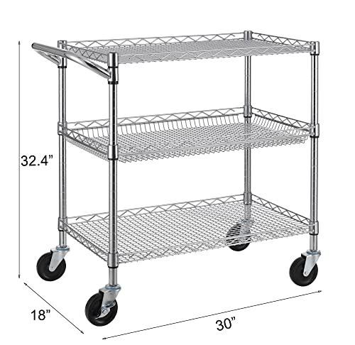 Finnhomy 3 Tier Heavy Duty Commercial Grade Utility Cart, Wire Rolling Cart with Handle Bar, Steel Service Cart with Wheels, Utility Shelf Plant Display Shelf Food Storage Trolley, NSF Listed