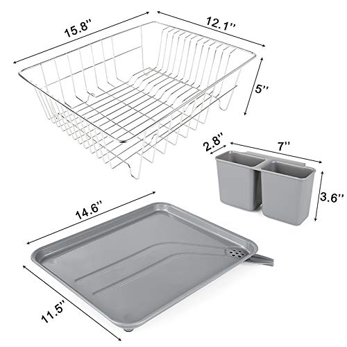 WHITGO Dish Drying Rack with Drain Board, Stainless Steel Dish Drainer Drying Rack with Utensil Holder for Kitchen Counter, Dish Drain Rack with One Cleaning Cloth