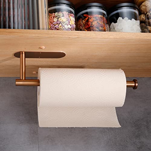 Under Cabinet Paper Towel Holder - Self Adhesive Paper Towel Roll Holder Wall Mount, Rose Gold SUS304 Stainless Steel Towel Paper Holder for Kitchen, Bathroom, Cabinets