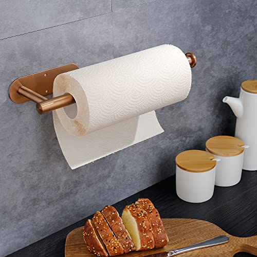 Under Cabinet Paper Towel Holder - Self Adhesive Paper Towel Roll Holder Wall Mount, Rose Gold SUS304 Stainless Steel Towel Paper Holder for Kitchen, Bathroom, Cabinets