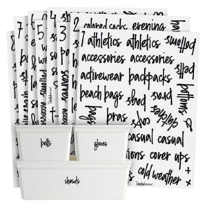 talented kitchen 224 closet labels for bins and baskets, preprinted black script stickers for clothing organization and storage containers (water resistant)