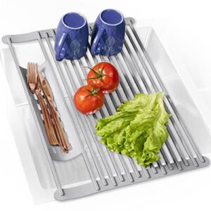 belle terre roll up dish drying rack for kitchen sink – 17.5″ x 12.8″ – silicone roll-up dish rack with utensil tray – roll out dish drying rack over sink – solid steel construction