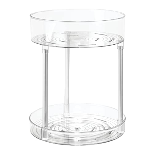 mDesign Spinning Metal and Plastic Makeup Organizer Rotating Lazy Susan 2-Level Turntable Storage Bin - Carousel Organizer for Bathroom Vanity Countertops, Cabinets - Clear/Silver