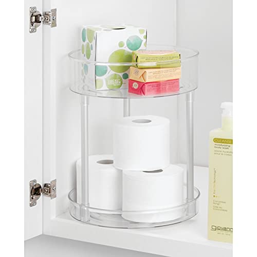 mDesign Spinning Metal and Plastic Makeup Organizer Rotating Lazy Susan 2-Level Turntable Storage Bin - Carousel Organizer for Bathroom Vanity Countertops, Cabinets - Clear/Silver