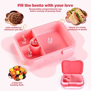 havinoo Bento Lunch Box for Kids, Girls, Boys, Toddlers, 3.7 Cups 4 Compartments Lunch Containers, Ideal Kids Lunch Box for Children, Microwave, Dishwasher, Freezer Safe, Leak-Proof, BPA-Free Pink