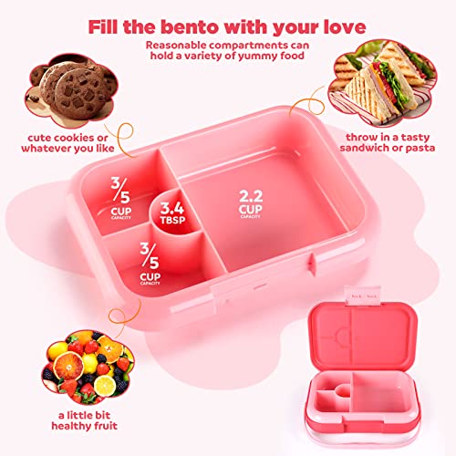 havinoo Bento Lunch Box for Kids, Girls, Boys, Toddlers, 3.7 Cups 4 Compartments Lunch Containers, Ideal Kids Lunch Box for Children, Microwave, Dishwasher, Freezer Safe, Leak-Proof, BPA-Free Pink