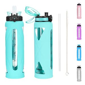 32oz glass water bottles with straw and flip lid, motivational water bottles with time marker reminder and silicone sleeve, leakproof, bpa free (green sleeve)