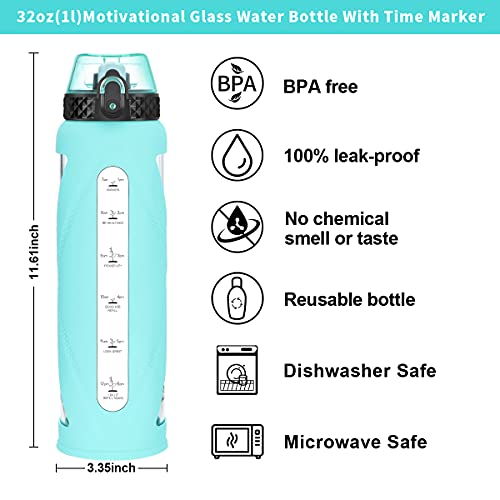 32oz Glass Water Bottles with Straw and Flip Lid, Motivational Water Bottles with Time Marker Reminder and Silicone Sleeve, Leakproof, BPA Free (Green Sleeve)