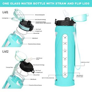 32oz Glass Water Bottles with Straw and Flip Lid, Motivational Water Bottles with Time Marker Reminder and Silicone Sleeve, Leakproof, BPA Free (Green Sleeve)