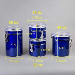 Creative Home Set of 4 Pieces Stainless Steel Kitchen Storage Jar Container Canister with Clear Airtight Lid and Locking Clamp for Food, Cookie, Flour, Sugar, Tea, Coffee Storage, Metallic Blue