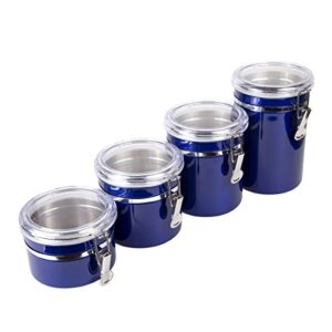 creative home set of 4 pieces stainless steel kitchen storage jar container canister with clear airtight lid and locking clamp for food, cookie, flour, sugar, tea, coffee storage, metallic blue