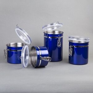 Creative Home Set of 4 Pieces Stainless Steel Kitchen Storage Jar Container Canister with Clear Airtight Lid and Locking Clamp for Food, Cookie, Flour, Sugar, Tea, Coffee Storage, Metallic Blue