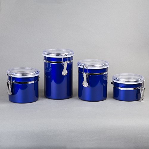 Creative Home Set of 4 Pieces Stainless Steel Kitchen Storage Jar Container Canister with Clear Airtight Lid and Locking Clamp for Food, Cookie, Flour, Sugar, Tea, Coffee Storage, Metallic Blue