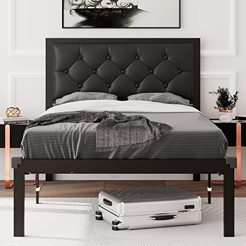 Feonase Twin Size Metal Bed Frame with Faux Leather Button Tufted Headboard, Heavy-Duty Platform Bed Frame with 12" Storage, Steel Slats Support, No Box Spring Needed, Noise Free, Black