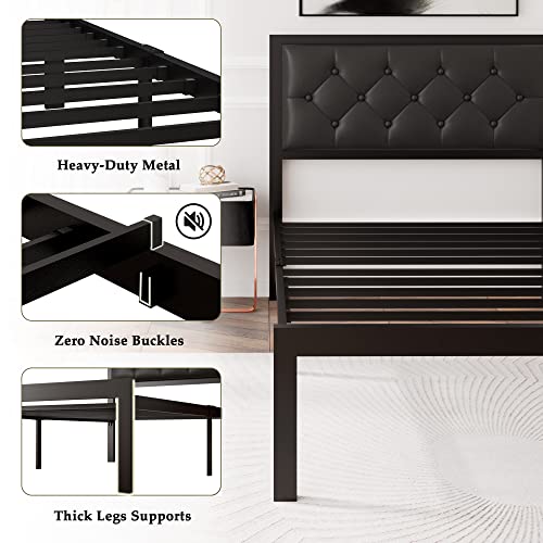 Feonase Twin Size Metal Bed Frame with Faux Leather Button Tufted Headboard, Heavy-Duty Platform Bed Frame with 12" Storage, Steel Slats Support, No Box Spring Needed, Noise Free, Black