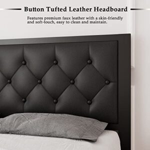 Feonase Twin Size Metal Bed Frame with Faux Leather Button Tufted Headboard, Heavy-Duty Platform Bed Frame with 12" Storage, Steel Slats Support, No Box Spring Needed, Noise Free, Black